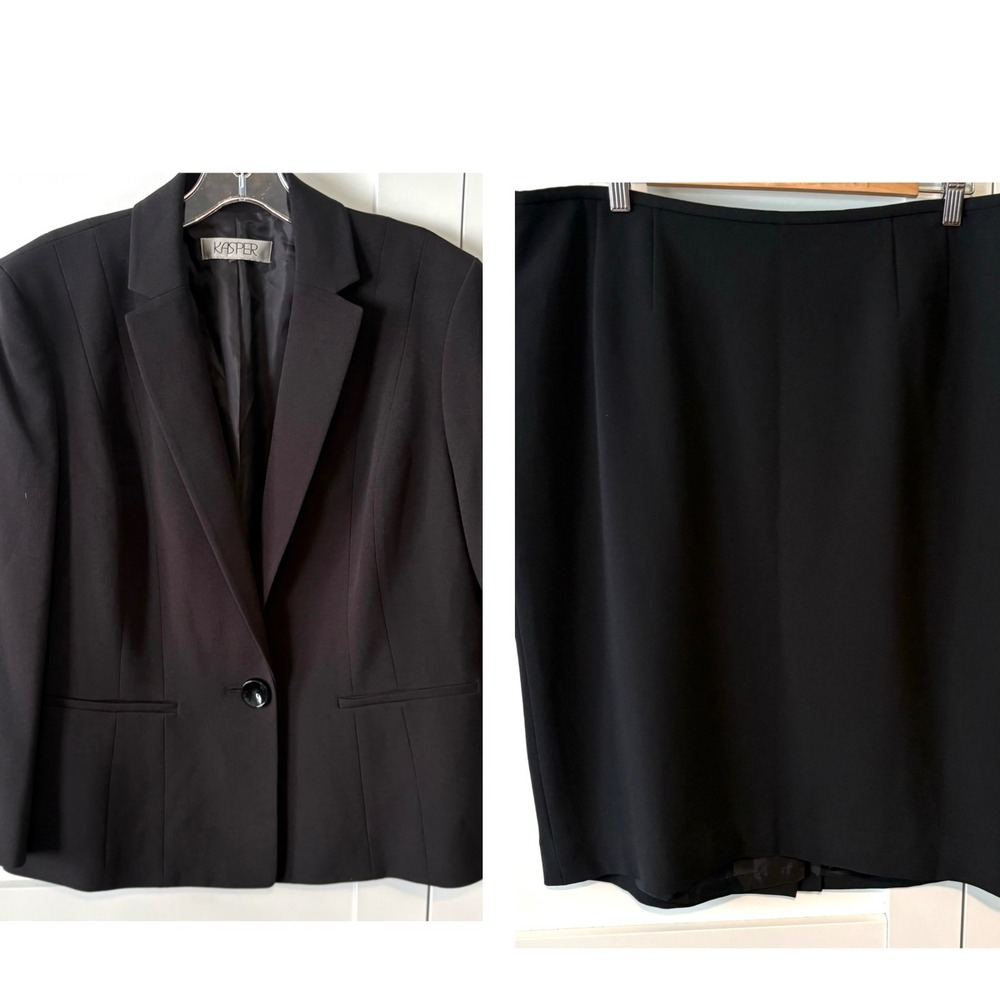 Kasper Black Office Notched Collar Basic Jacket Blazer Skirt Suit in Size M